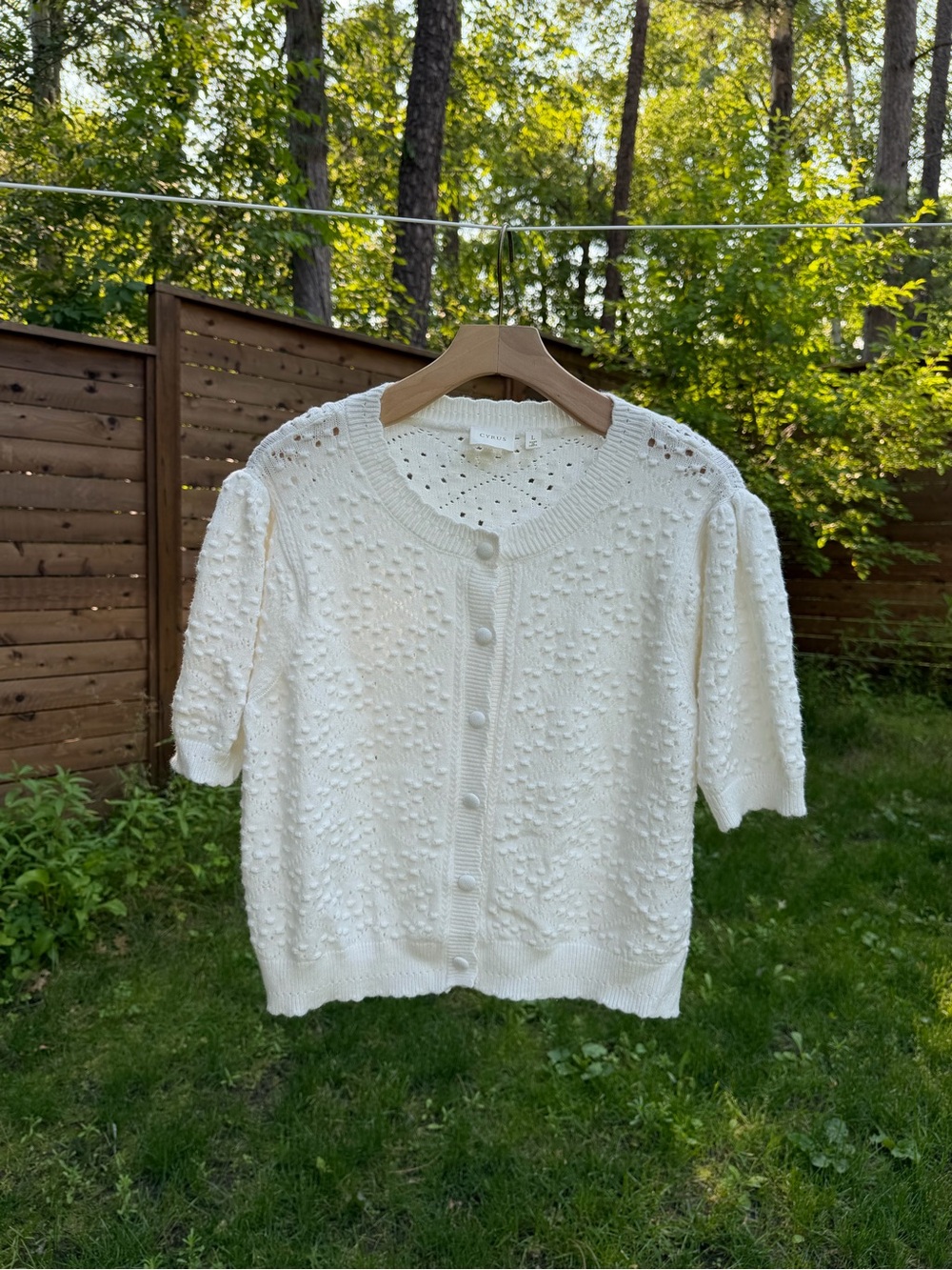 Cyrus Cream Openwork Knit Button-Up Short Sleeve Sweater Cardigan Blouse - Picture 8 of 8